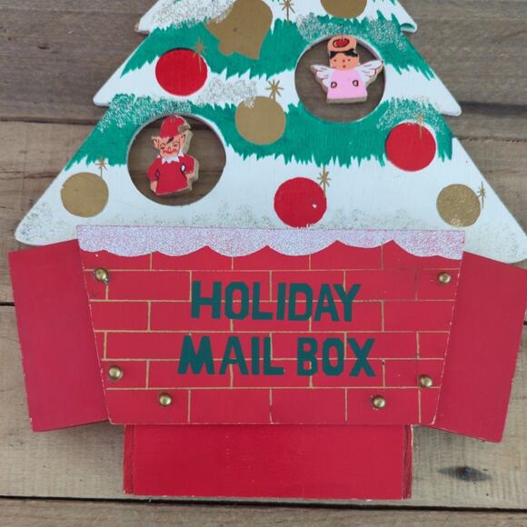 Vintage Holiday Mail Box Wooden Decorated Christmas Tree Card Holder - Picture 8 of 10